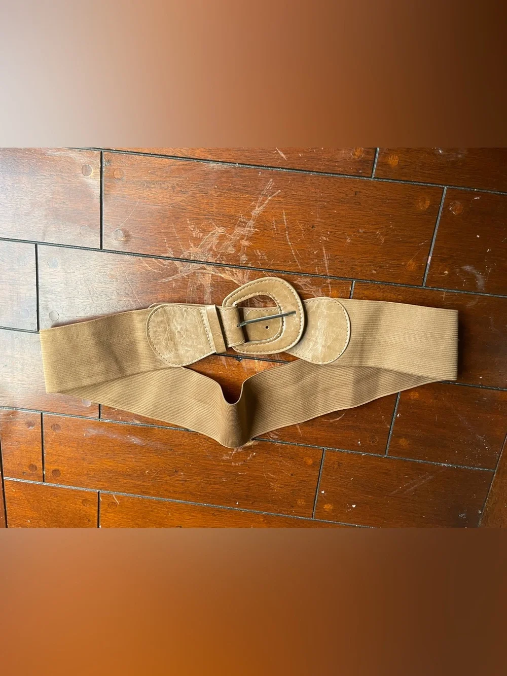 Wide Tan Elastic Waist Belt with Buckle